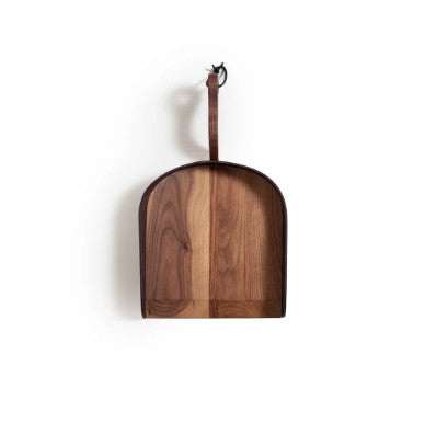Handmade walnut dustpan with a leather loop