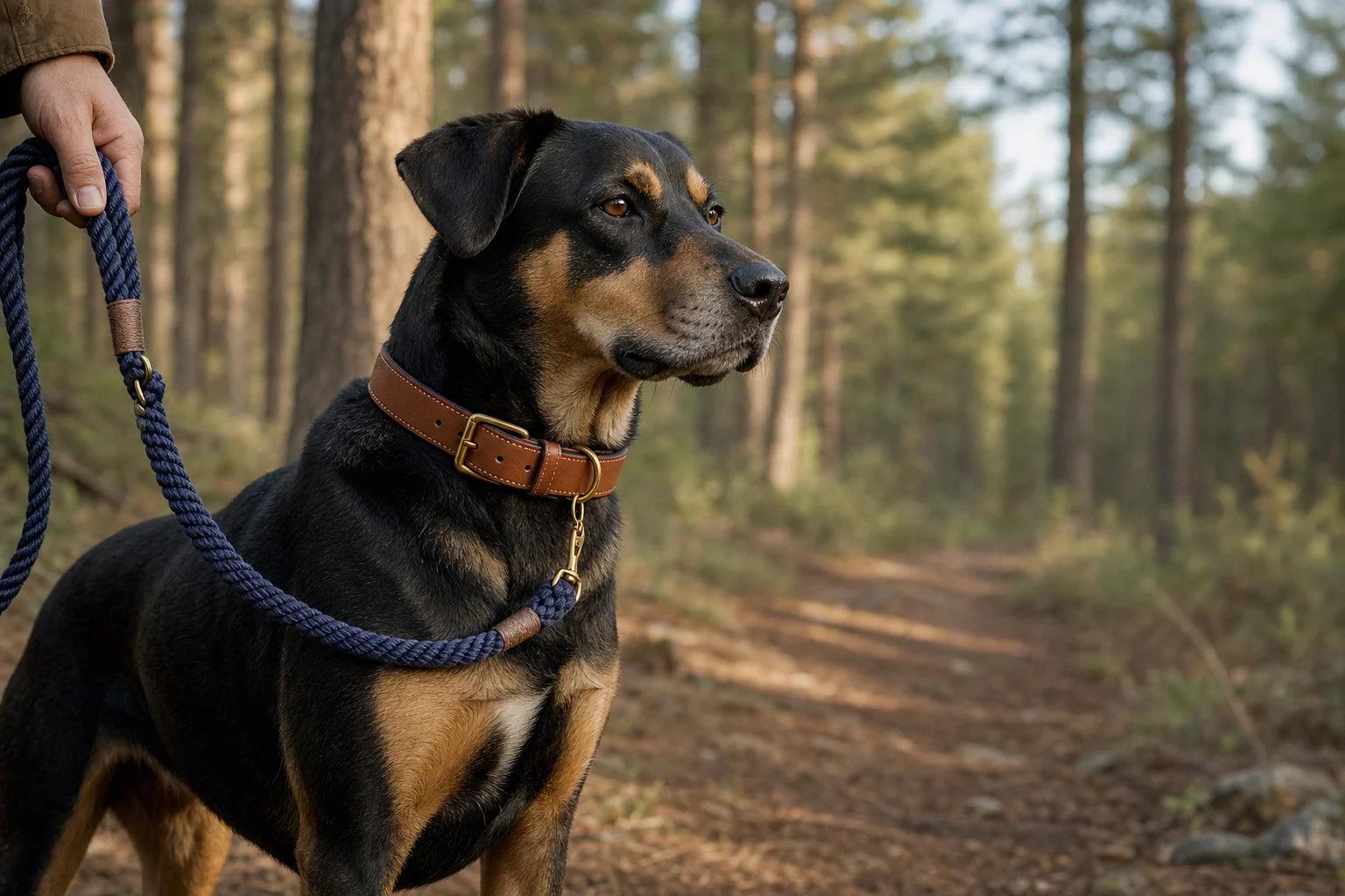A black-and-tan dog wearing a brown leather collar on a pine trail with a navy rope leash
