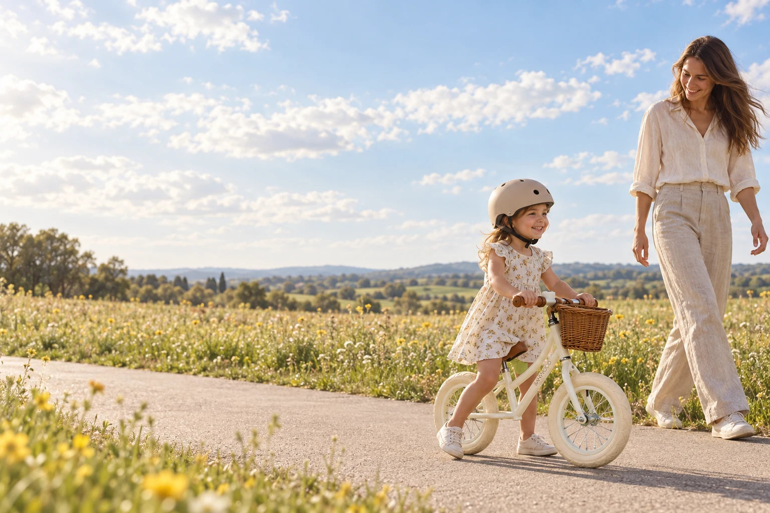 A child on a cream Banwood balance bike, sharing a sunny meadow walk with a parent.