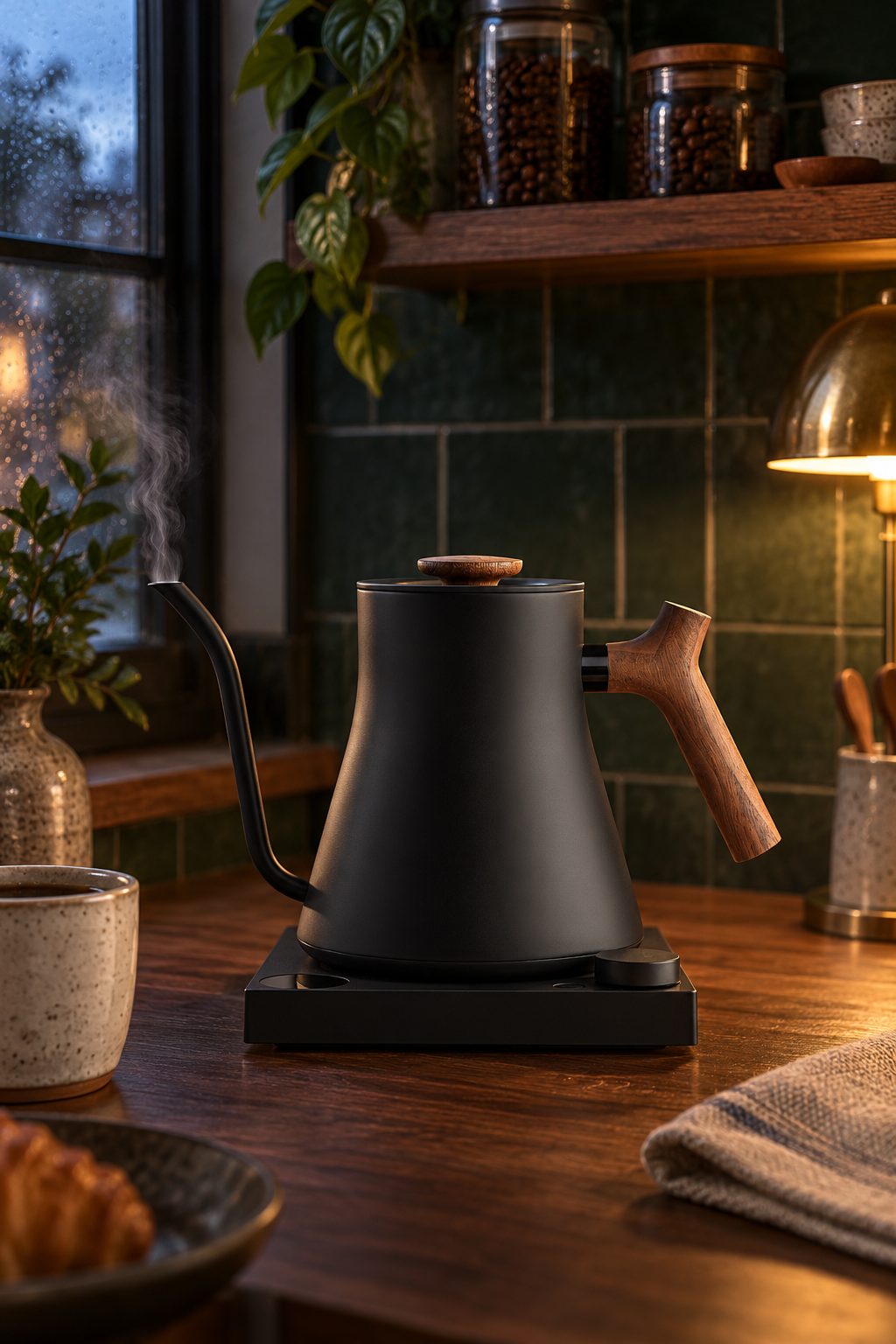 A matte black Fellow Stagg EKG Pro kettle with a walnut handle, steaming on its base against green tile.