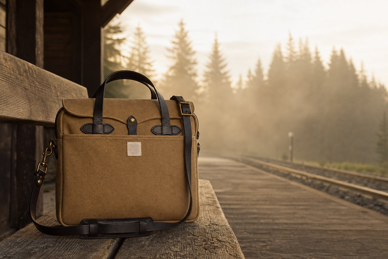The Filson Rugged Twill Original Briefcase in Tan, waiting on a rural train-platform bench at dawn
