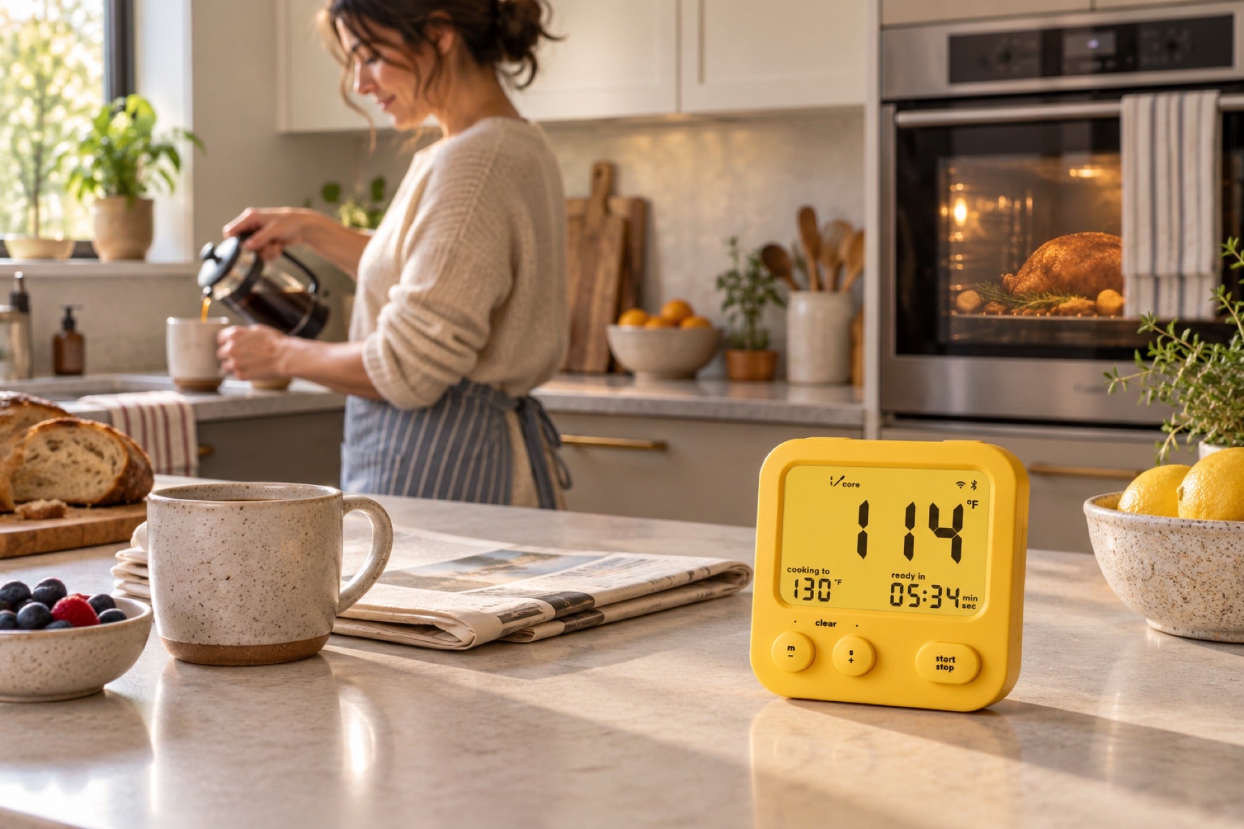 Combustion WiFi Display on a kitchen counter while a home cook pours coffee