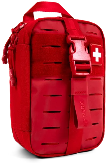 The smaller red MyFAK Mini first aid kit, closed