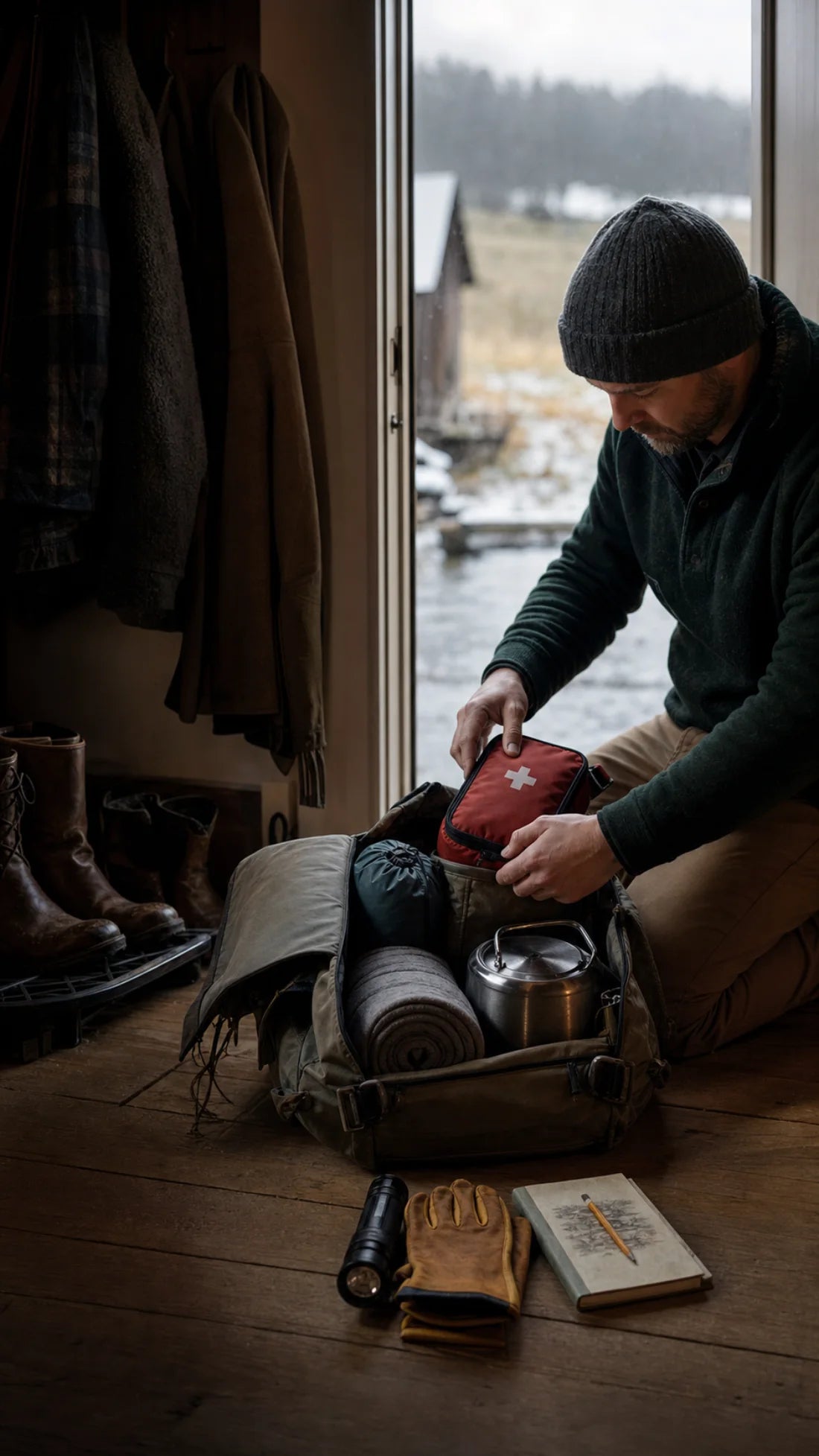 A household three-night field kit being packed by job before winter weather