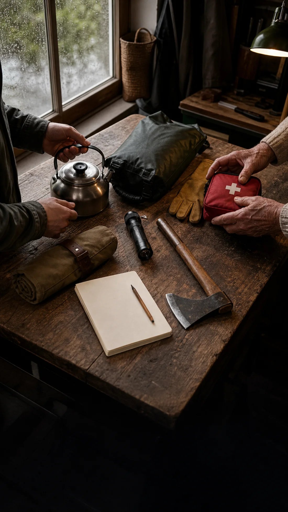 Two household members calmly inventorying useful field supplies after a storm