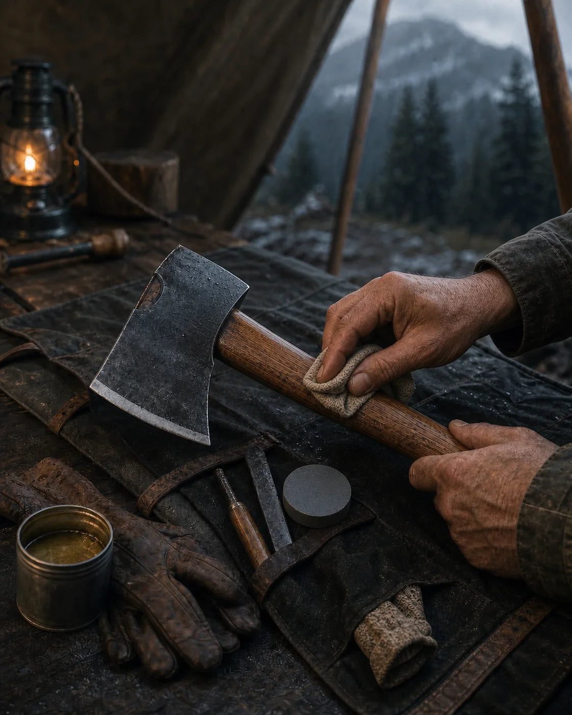 Hands applying care oil to the wooden handle of a field axe