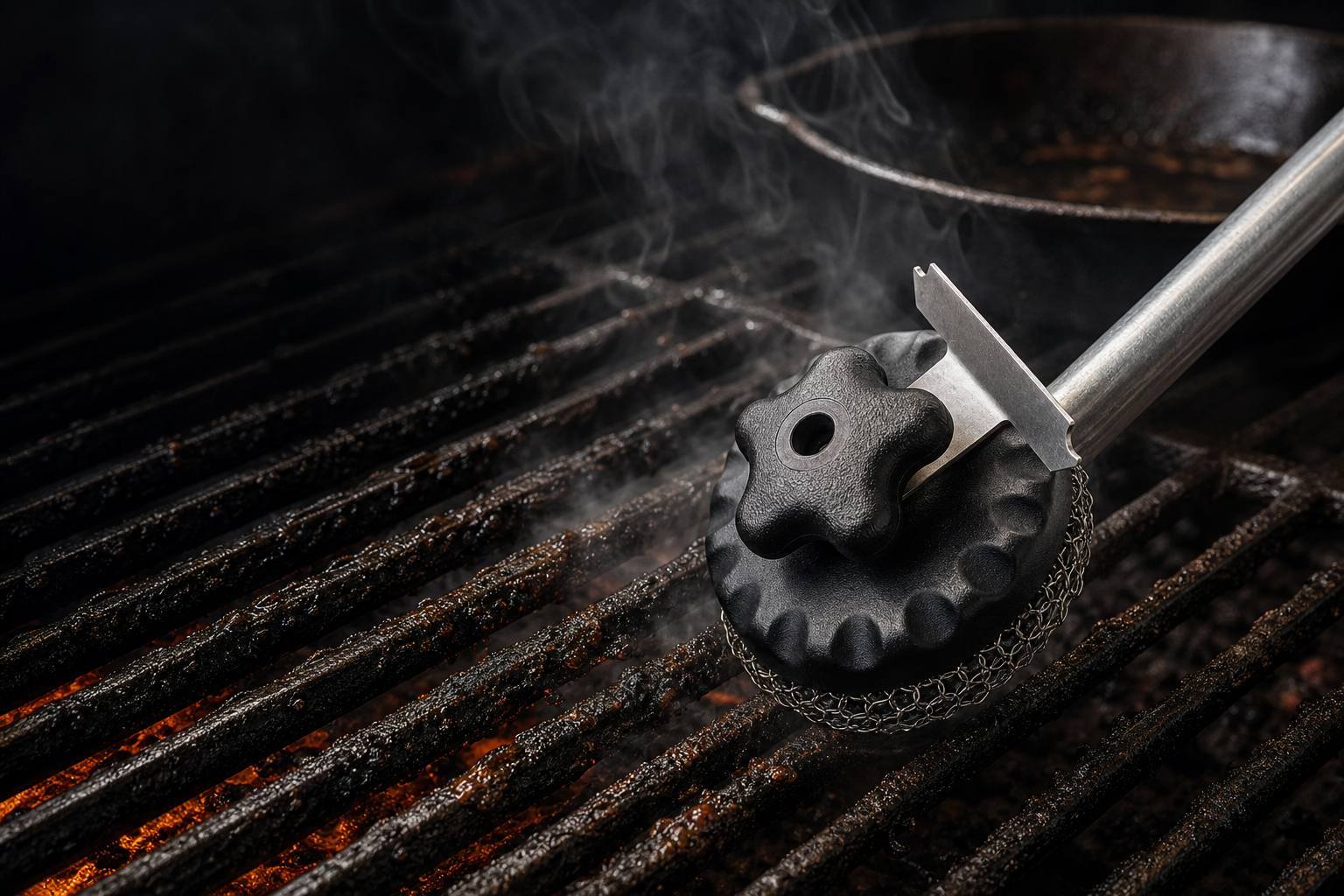 The Smarter Scrubber chainmail grill cleaner on a hot grill grate