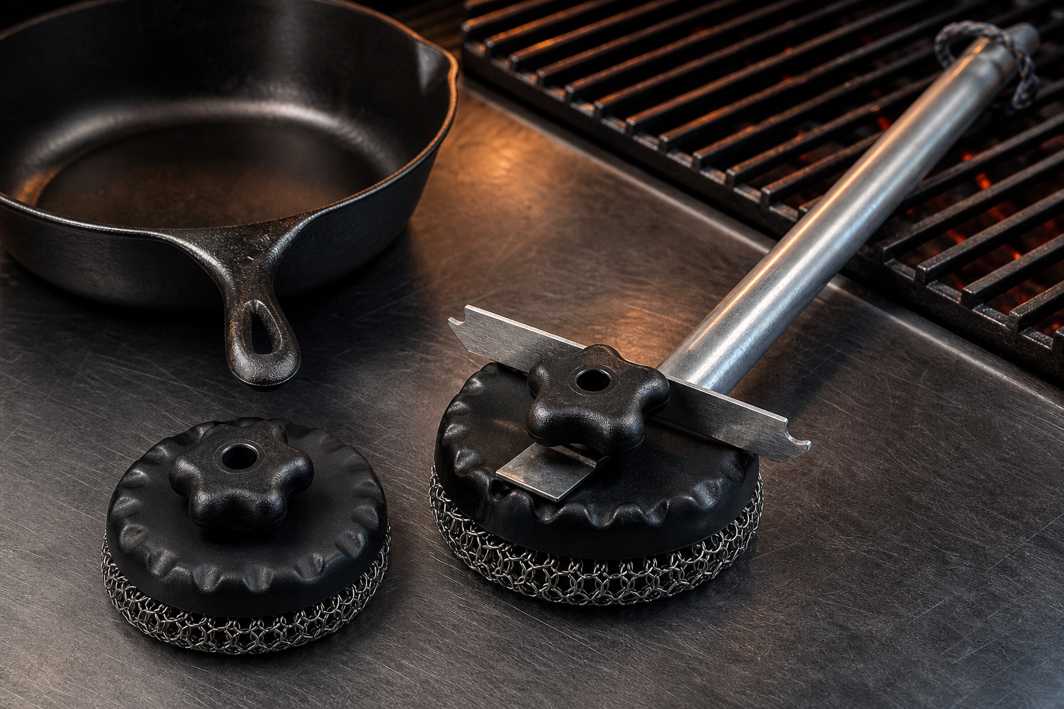 Close product mechanism image showing the chainmail head and cast iron use case