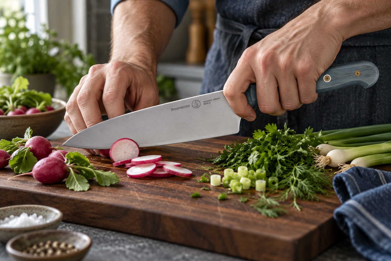 Close view of a home cook safely slicing radishes and herbs with the blue-handled chef's knife