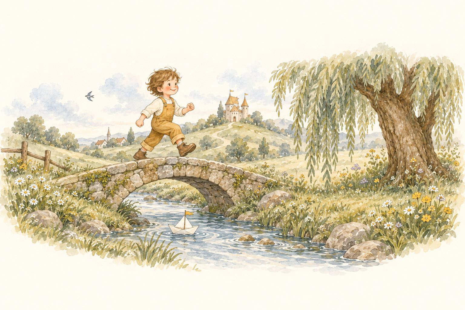 A child marching across a stone bridge over a stream in a watercolor world of rolling hills and a distant castle