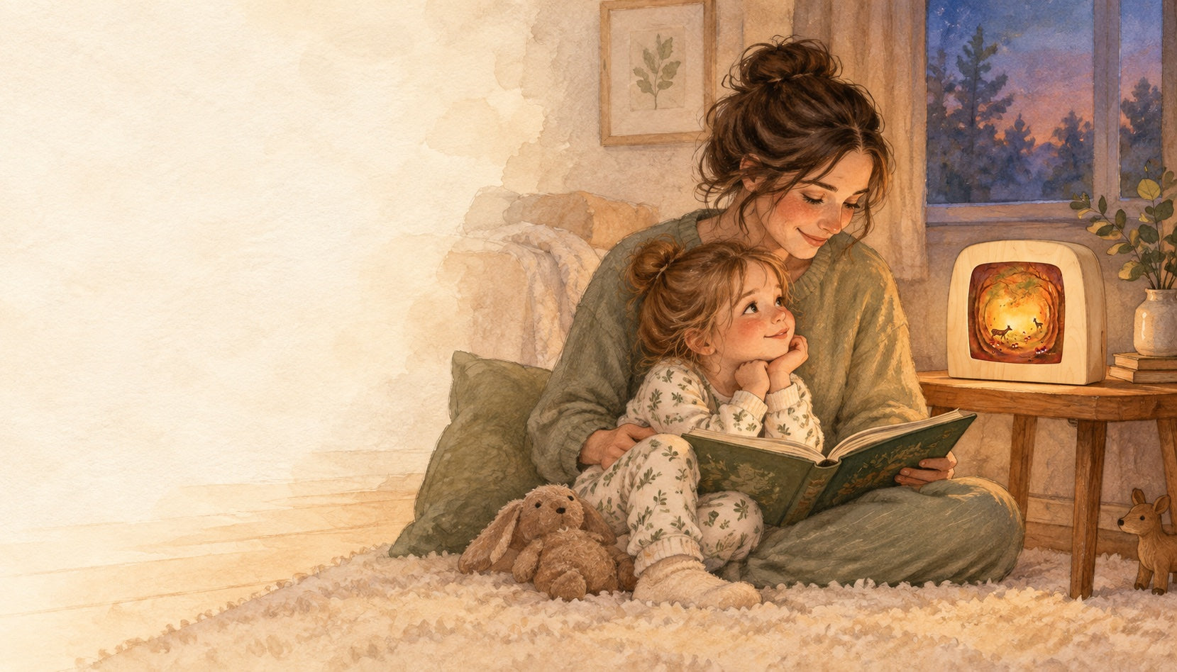 Watercolor of a mother and child sharing a story beside a small glowing wooden lamp