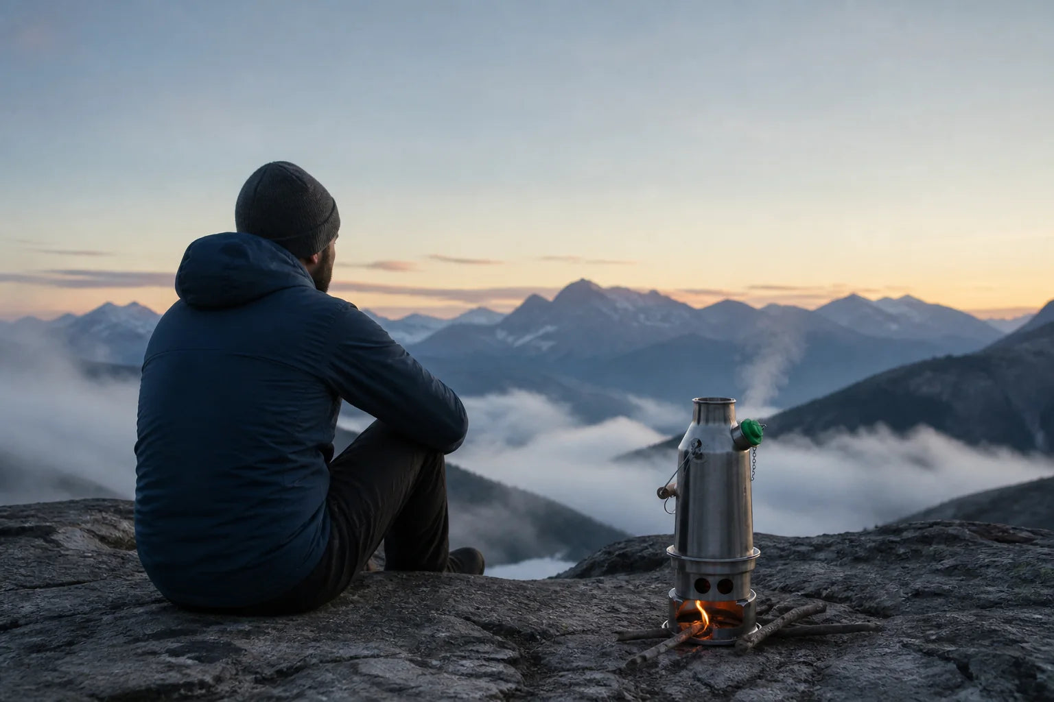 A camper above a cloud-filled mountain valley at dawn, kettle boiling beside him