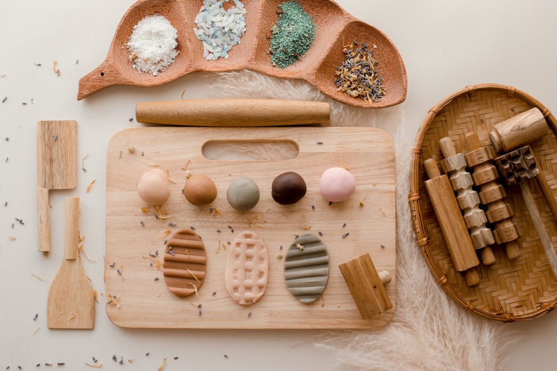 Wooden Play Dough Kit | Acacia & Rubber Wood | 9 Rollers & Tools