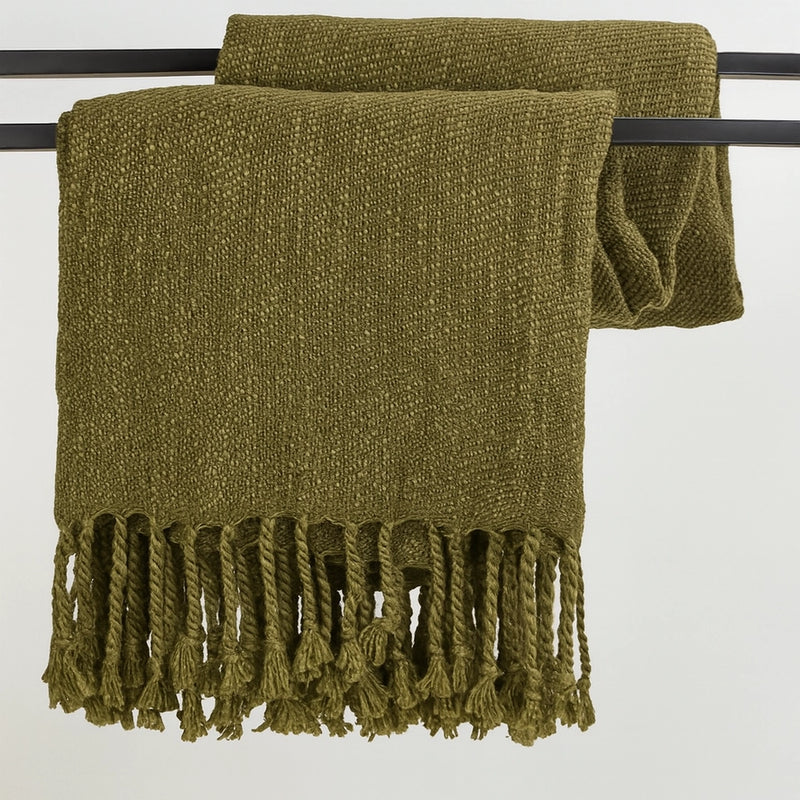 Classic Woven Fringed Throw Blanket | Olive Green