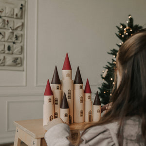 Kingdom. 7 Towers | Wooden Castle Building Set | 12 Cylinders + 7 Cones | SABO Concept