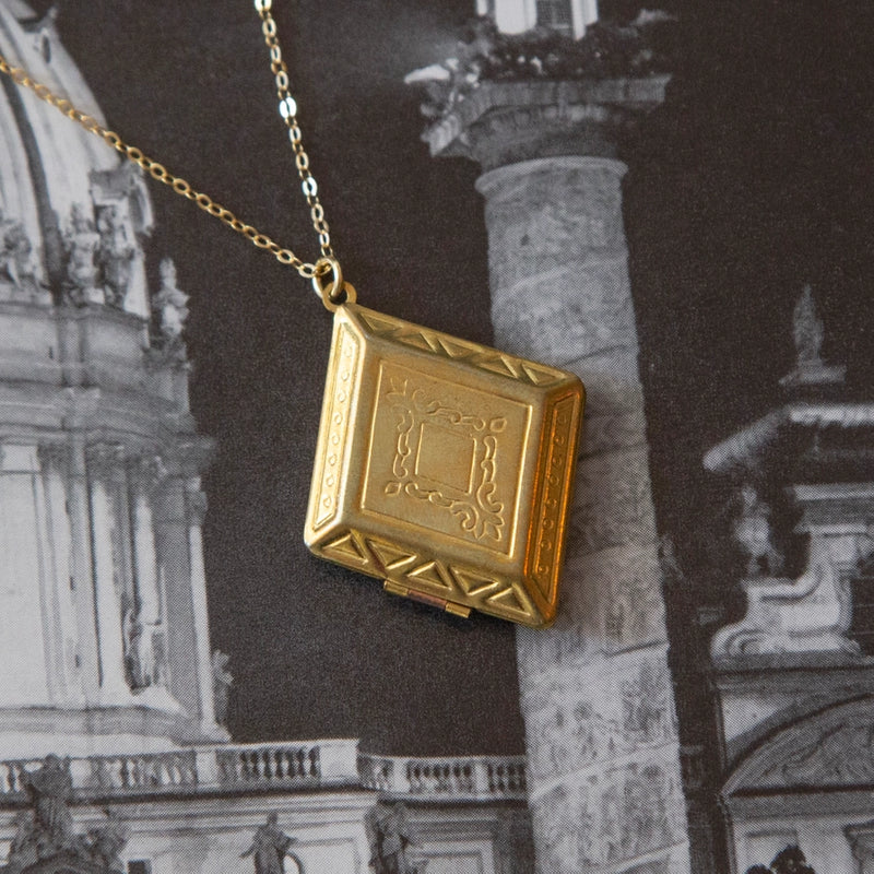 Deadstock Brass Diamond Locket Necklace | 18" Gold Vermeil Chain