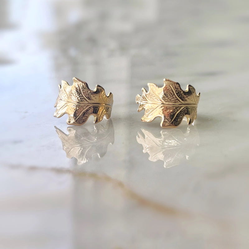 Handmade Oak Leaf Hoop Earrings | Solid Brass