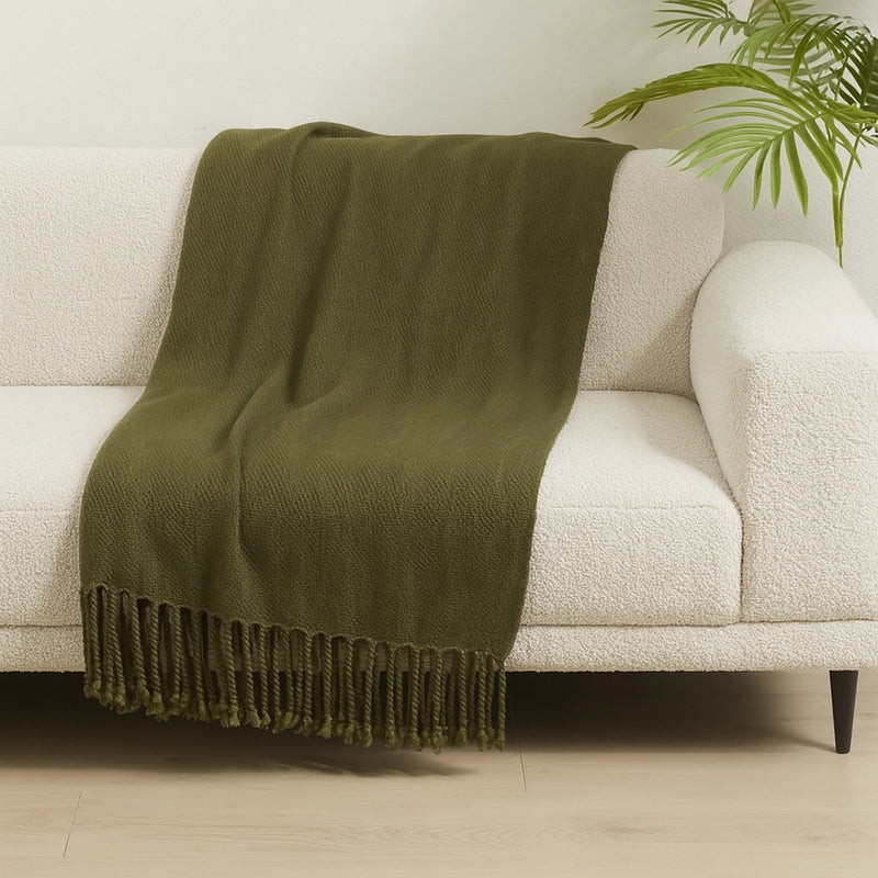 Classic Woven Fringed Throw Blanket | Olive Green