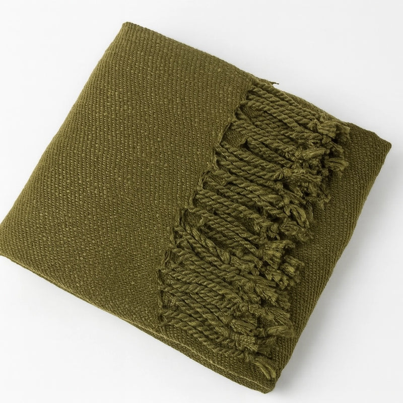 Classic Woven Fringed Throw Blanket | Olive Green