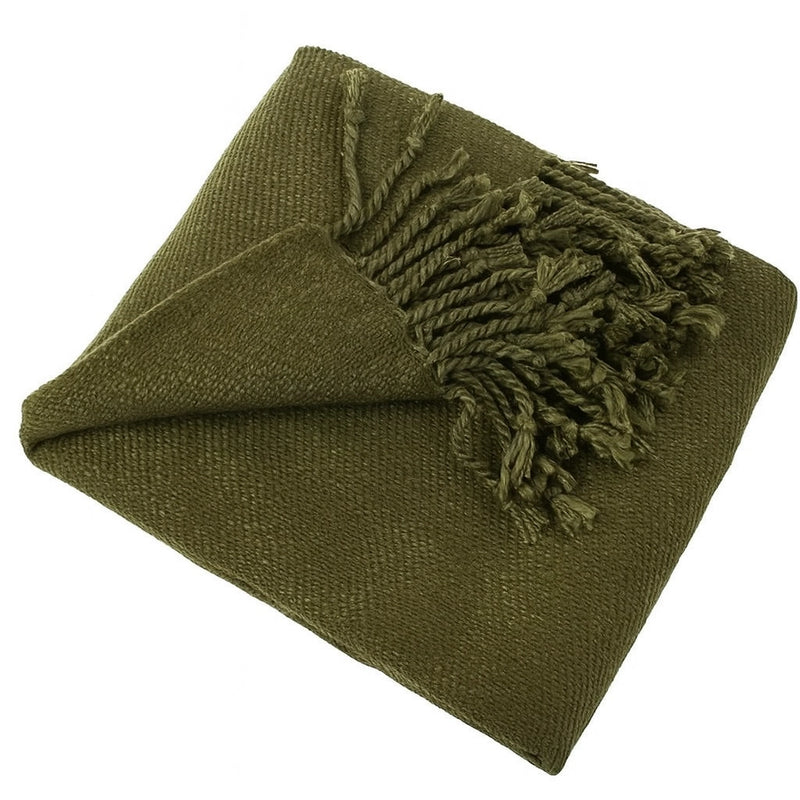 Classic Woven Fringed Throw Blanket | Olive Green