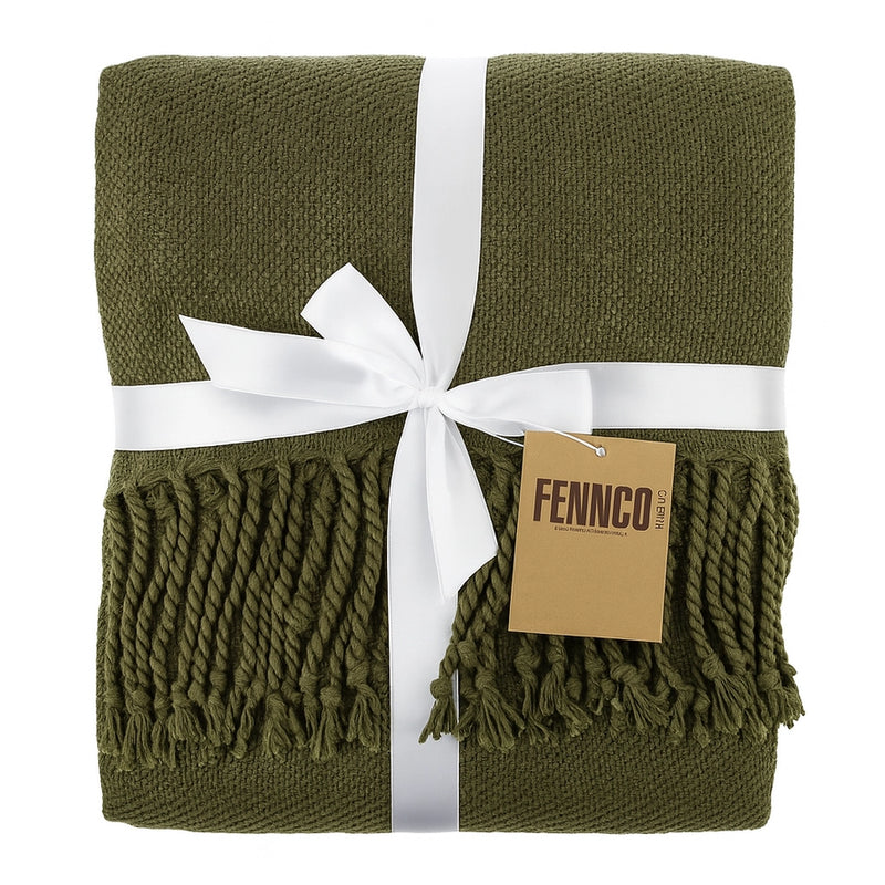 Classic Woven Fringed Throw Blanket | Olive Green