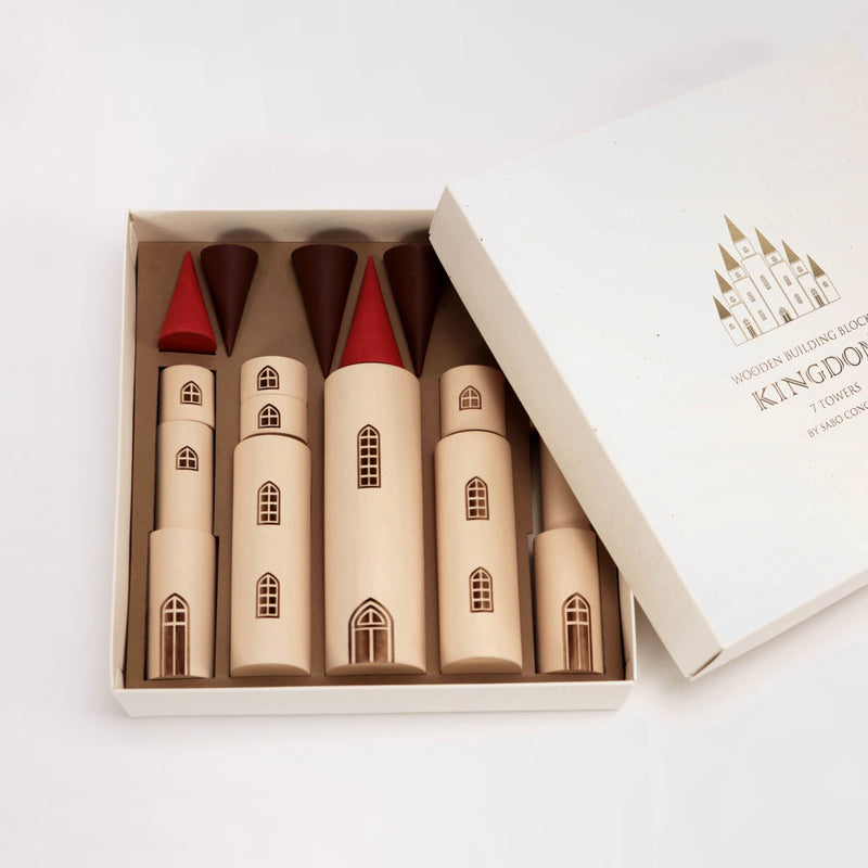 Kingdom. 7 Towers | Wooden Castle Building Set | 12 Cylinders + 7 Cones | SABO Concept