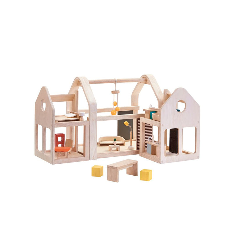 Slide N Go Dollhouse | 3-Unit Rubberwood Dollhouse | 20-Piece Furniture Set