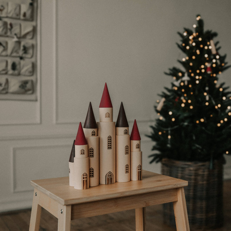 Kingdom. 7 Towers | Wooden Castle Building Set | 12 Cylinders + 7 Cones | SABO Concept