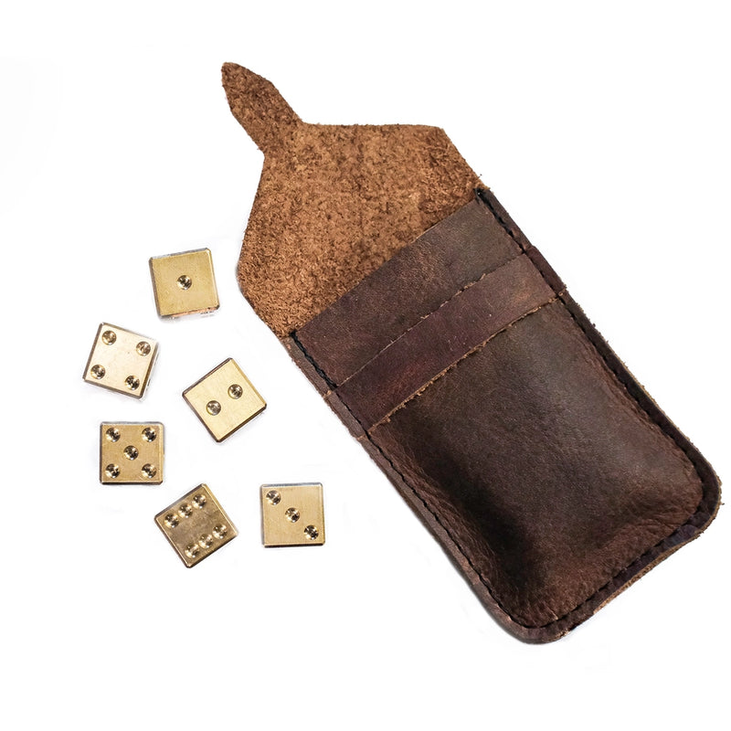 Brass Dice Set | 15mm | Set of 6 with Leather Pouch