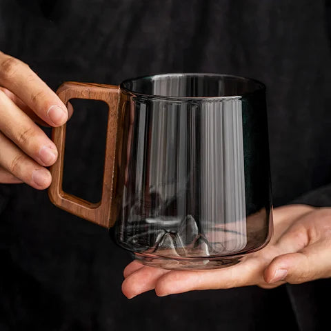 Smokey Gray Glass Coffee Cups With Wooden Handle | 450ml