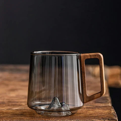 Smokey Gray Glass Coffee Cups With Wooden Handle | 450ml