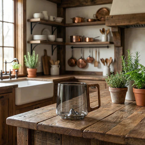 Smokey Gray Glass Coffee Cups With Wooden Handle | 450ml
