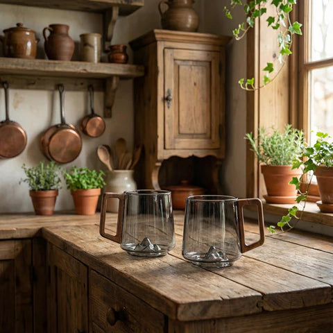 Smokey Gray Glass Coffee Cups With Wooden Handle | 450ml