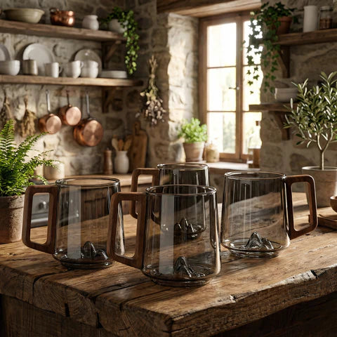 Smokey Gray Glass Coffee Cups With Wooden Handle | 450ml
