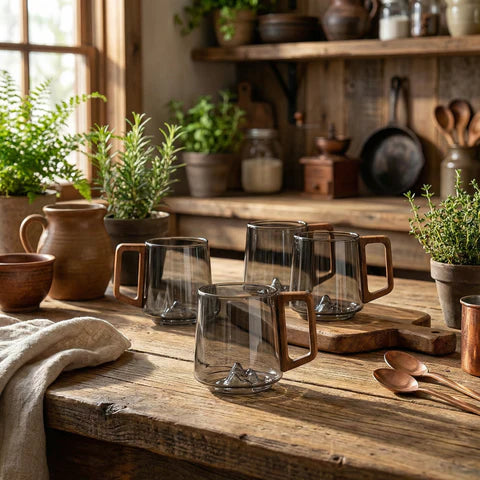 Smokey Gray Glass Coffee Cups With Wooden Handle | 450ml