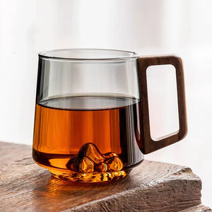Smokey Gray Glass Coffee Cups With Wooden Handle | 450ml