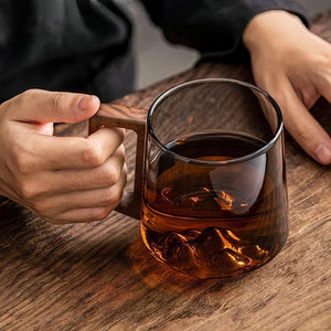 Smokey Gray Glass Coffee Cups With Wooden Handle | 450ml