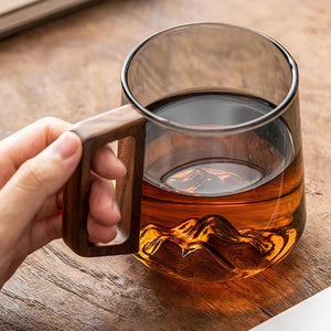Smokey Gray Glass Coffee Cups With Wooden Handle | 450ml