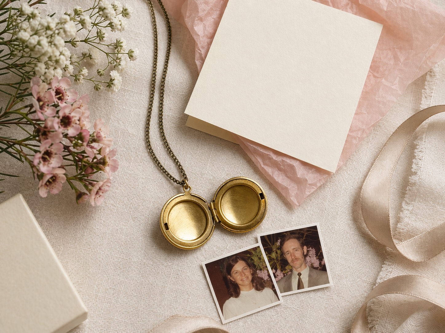 Open brass locket beside a blank card, flowers, ribbon, and tiny photos