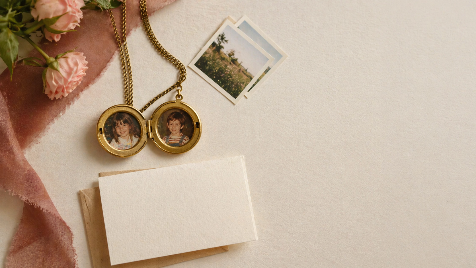 Open round locket necklace arranged with flowers, a card, ribbon, and tiny photos