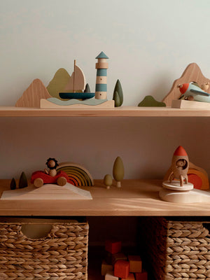 Sea Adventure Wooden Play Set | Sailboat, Lighthouse & Coastal Landscape | 28.5 x 15.5 x 20 cm