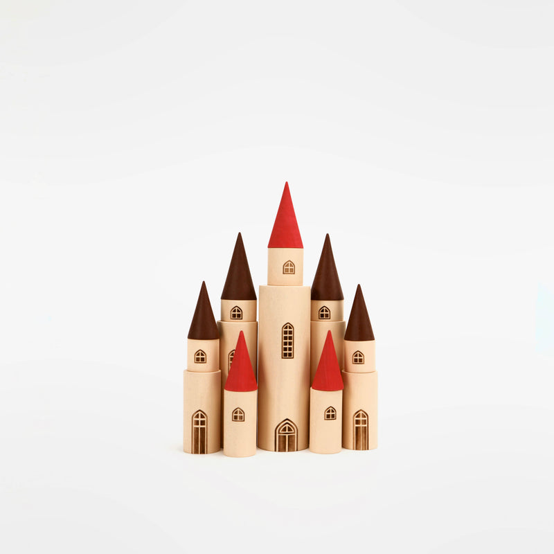 Kingdom. 7 Towers | Wooden Castle Building Set | 12 Cylinders + 7 Cones | SABO Concept