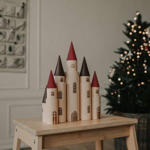 Kingdom. 7 Towers | Wooden Castle Building Set | 12 Cylinders + 7 Cones | SABO Concept