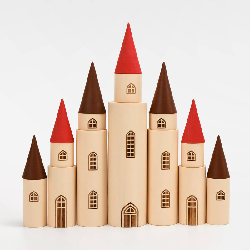 Kingdom. 7 Towers | Wooden Castle Building Set | 12 Cylinders + 7 Cones | SABO Concept