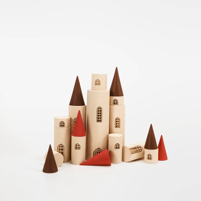 Kingdom. 7 Towers | Wooden Castle Building Set | 12 Cylinders + 7 Cones | SABO Concept