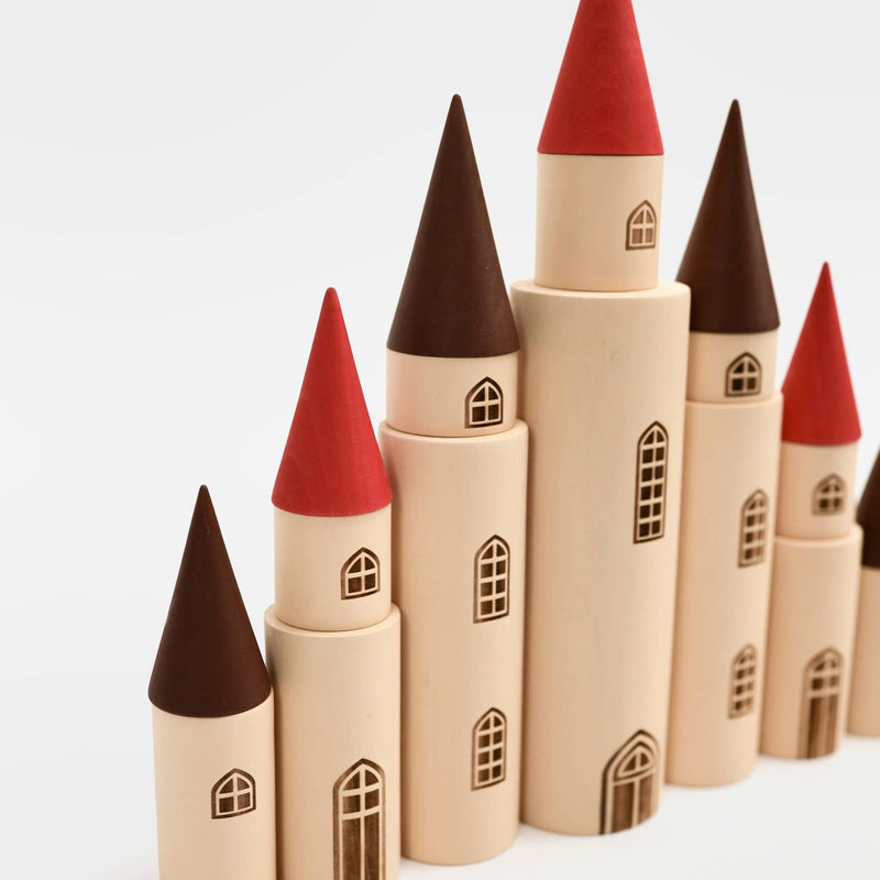 Kingdom. 7 Towers | Wooden Castle Building Set | 12 Cylinders + 7 Cones | SABO Concept
