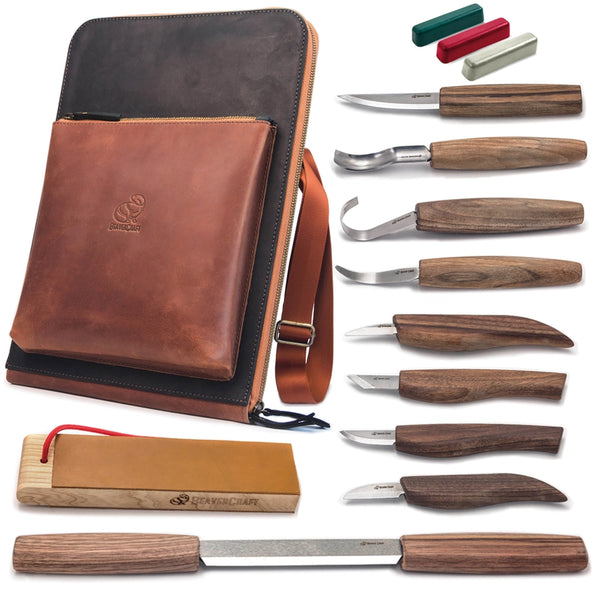 BeaverCraft S50X Deluxe Wood Carving Set — 9 tools with walnut handles in a leather bag