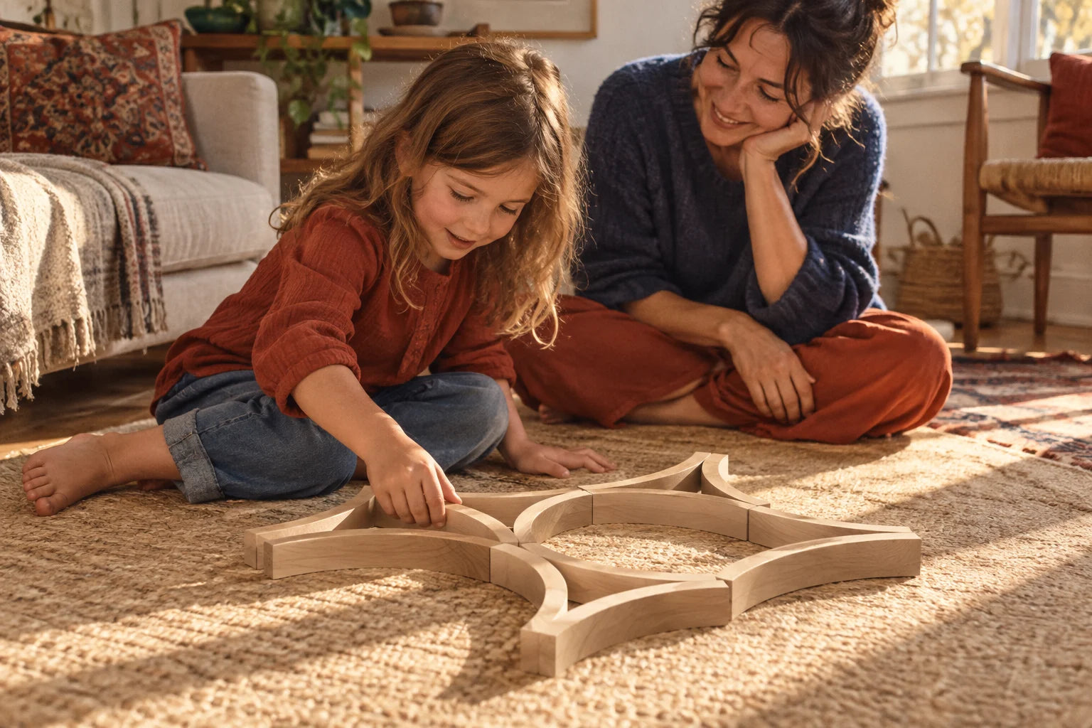 A mother and child sharing a sunlit afternoon building with curved Abel wooden blocks