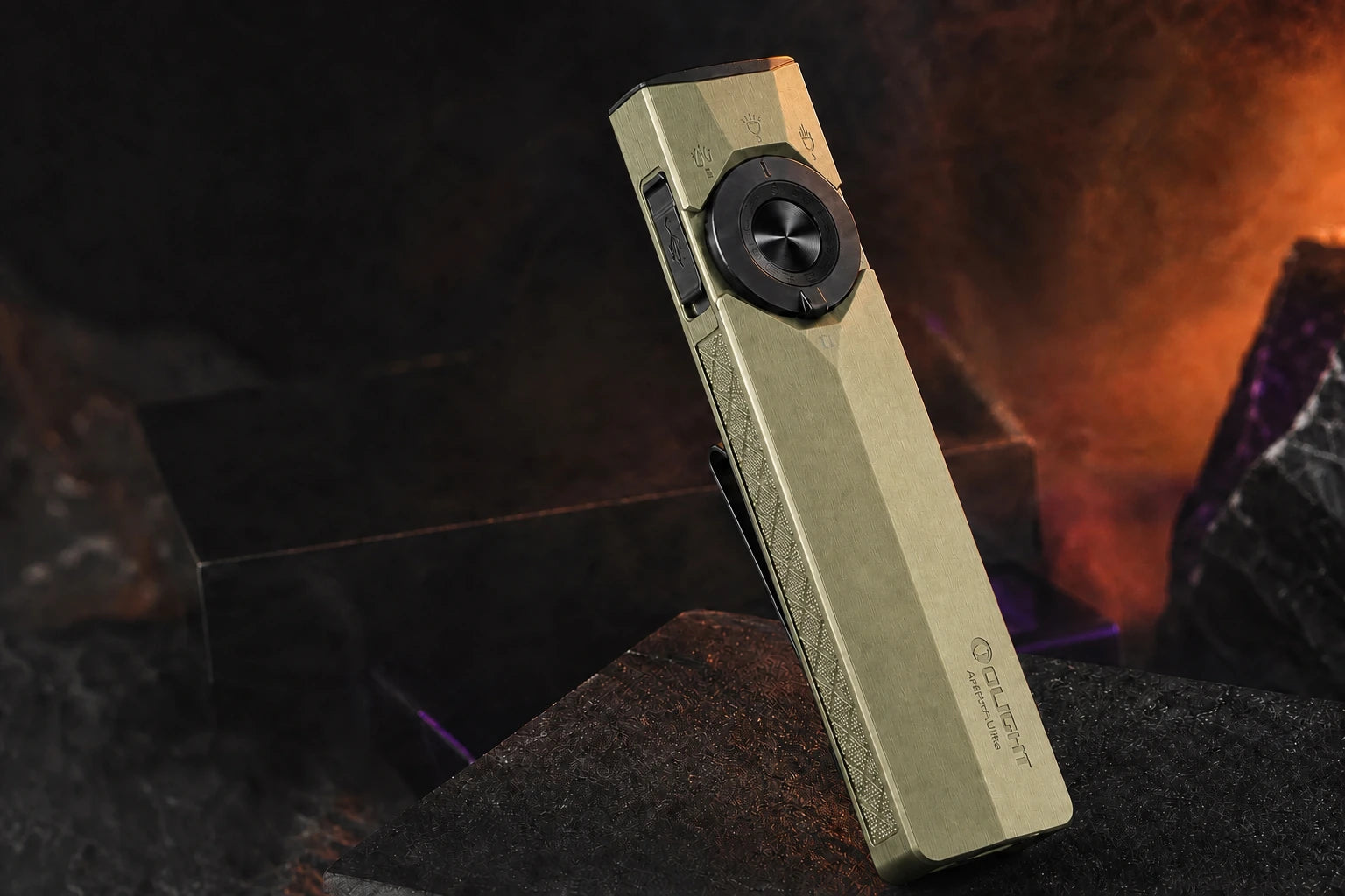 Olive Green ArkPro Ultra displayed on a cinematic mineral set