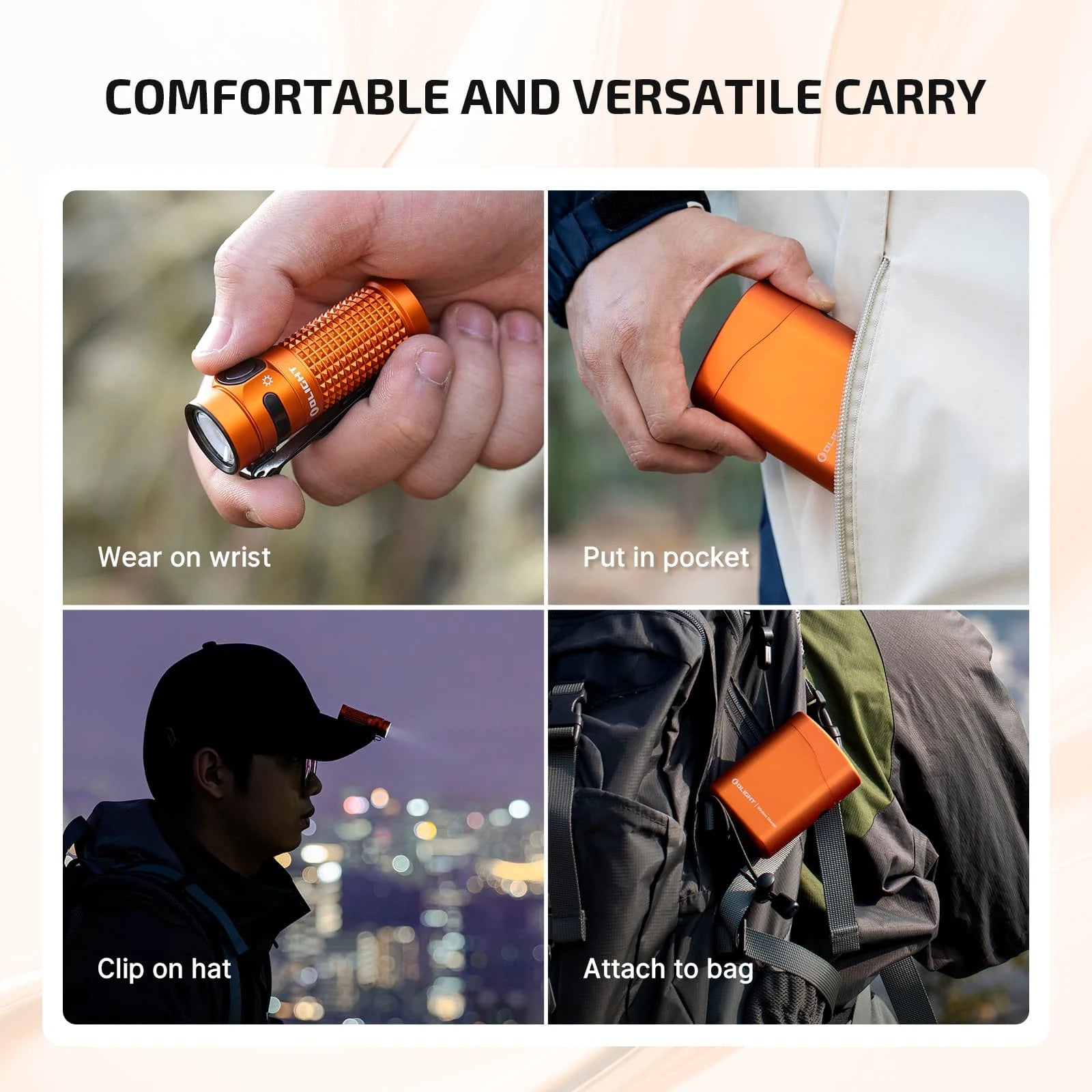 Baton 4 carry options: wrist, pocket, hat, and backpack